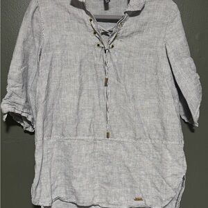 Ellen Tracy Gray Cuffed Sleeve Blouse with Tie Front